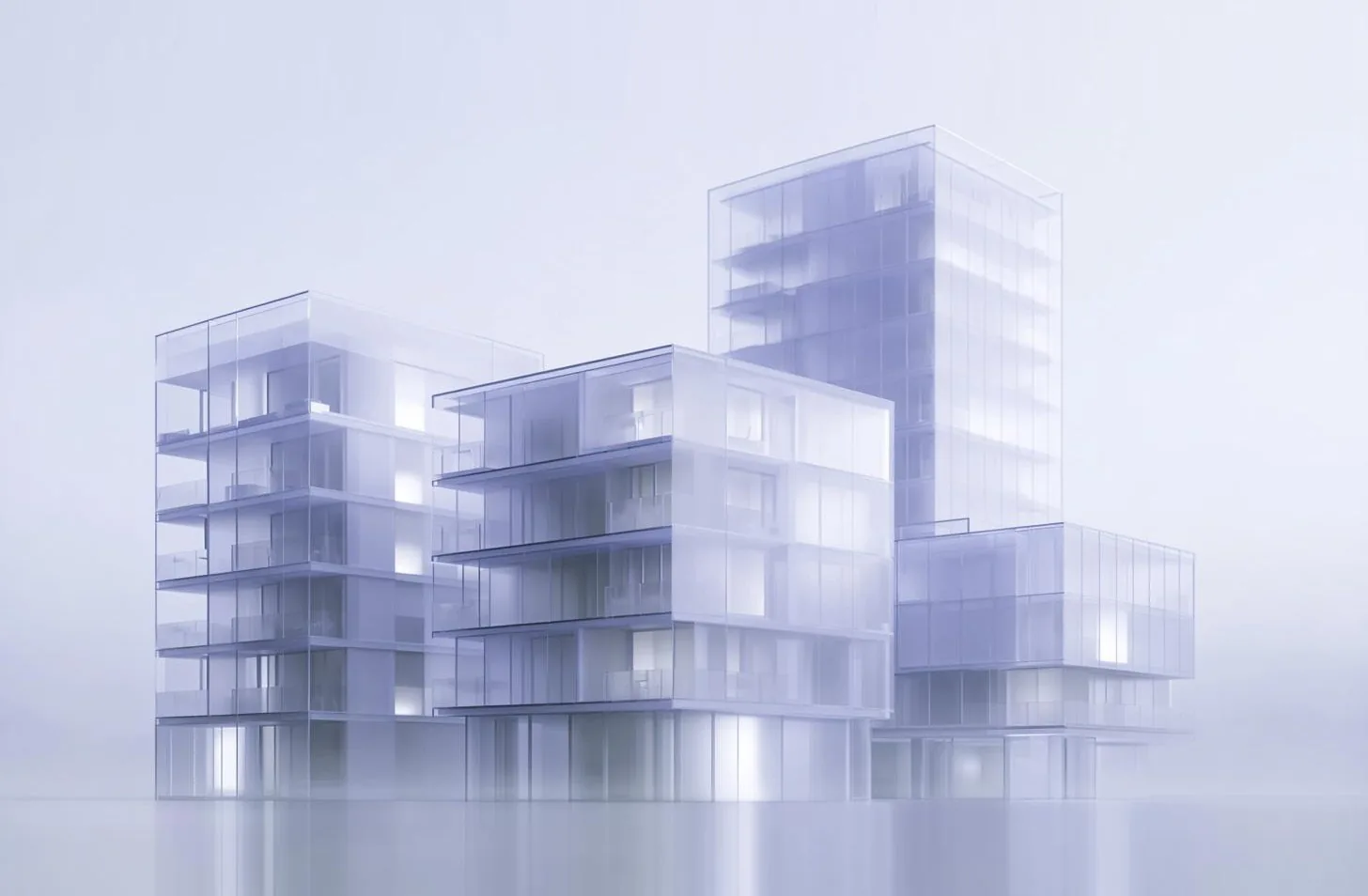 Translucent render of a district of apartment blocks covered by one LoRaWAN gateway